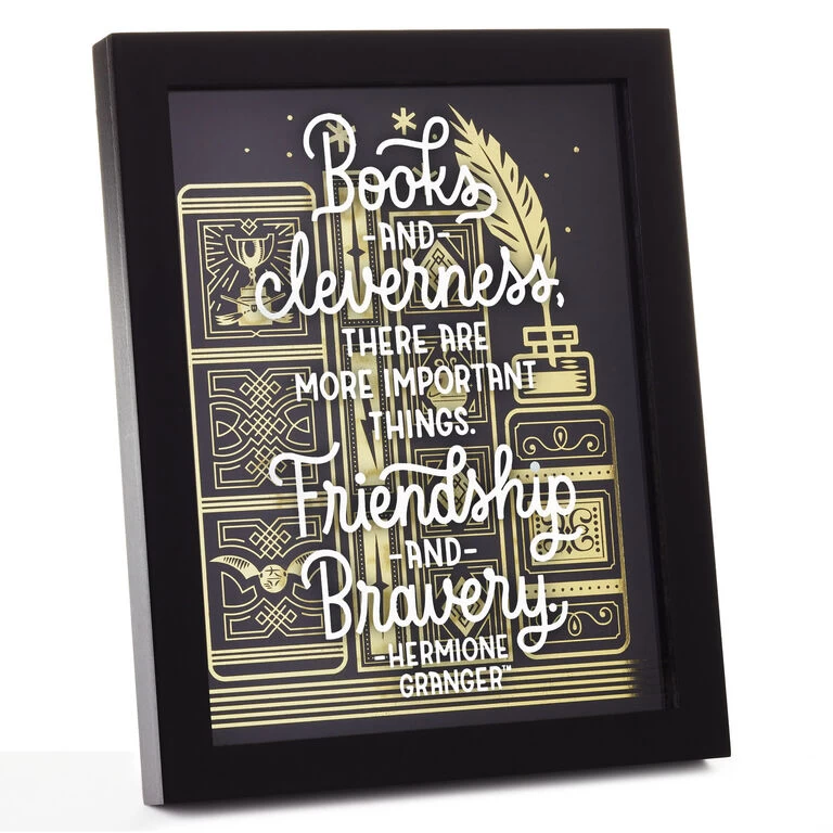 Harry Potter™ Friendship and Bravery Hermione Granger™ Framed Quote Sign, 8x10 Hallmark Harry Potter™ Friendship And Bravery Hermione Granger™ Framed Quote Sign, 8x10 -Hallmark Store Black and Gold Books and Hermione Quote Framed Sign 1HPO1085 01