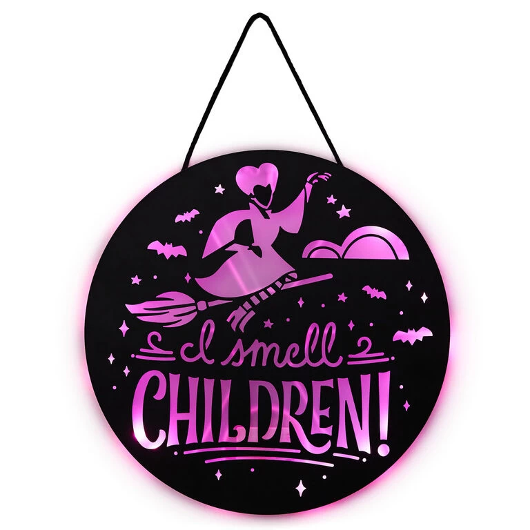 Disney Hocus Pocus I Smell Children Porch Decor With Light Hallmark Disney Hocus Pocus I Smell Children Porch Decor With Light -Hallmark Store Hocus Pocus LightUp Metal Door Sign 1HGN1526 01