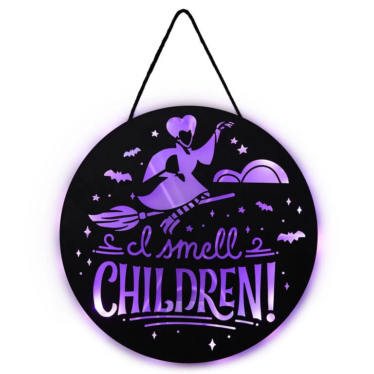 Disney Hocus Pocus I Smell Children Porch Decor With Light Hallmark Disney Hocus Pocus I Smell Children Porch Decor With Light -Hallmark Store Hocus Pocus LightUp Metal Door Sign 1HGN1526 02
