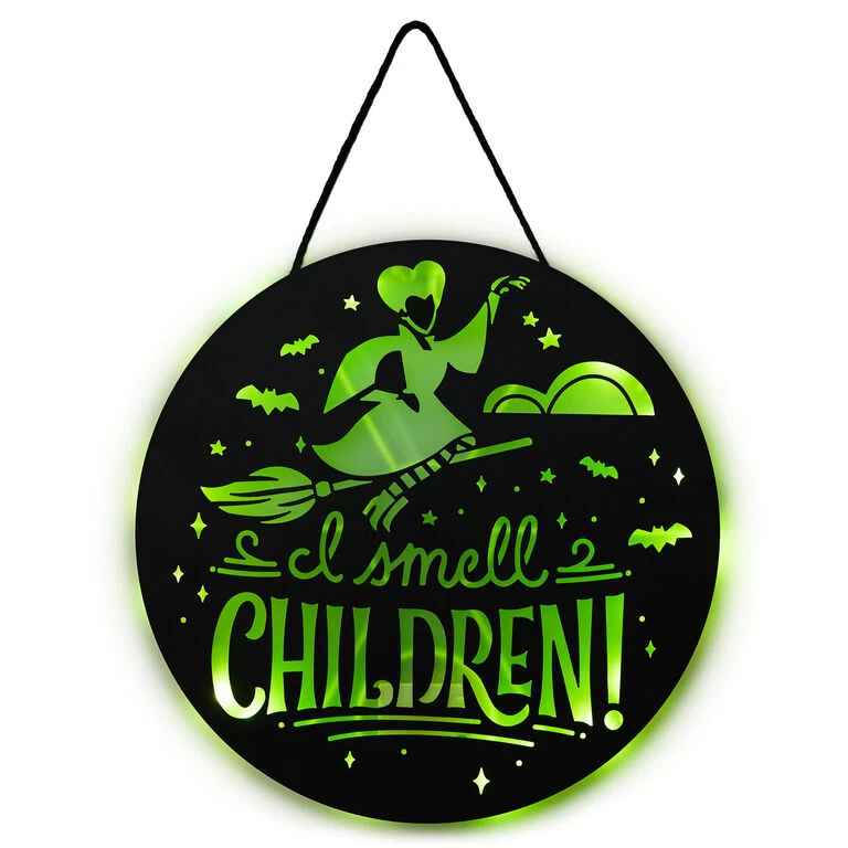 Disney Hocus Pocus I Smell Children Porch Decor With Light Hallmark Disney Hocus Pocus I Smell Children Porch Decor With Light -Hallmark Store Hocus Pocus LightUp Metal Door Sign 1HGN1526 03