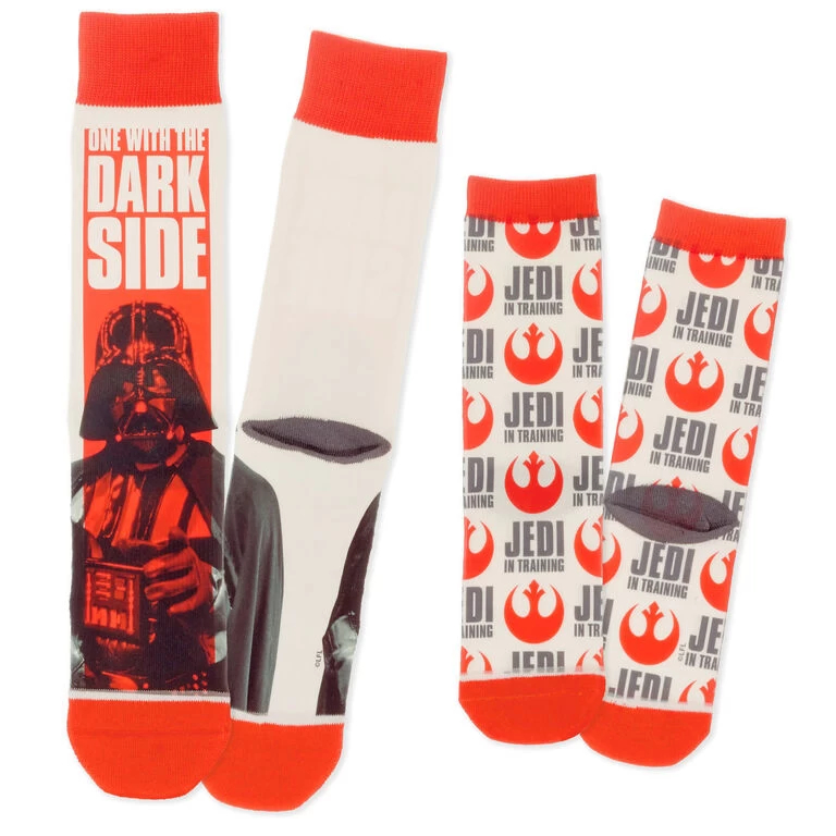 Star Wars™ Darth Vader™ and Jedi in Training Adult and Child Novelty Crew Socks, Set of 2 Hallmark Star Wars™ Darth Vader™ And Jedi In Training Adult And Child Novelty Crew Socks, Set Of 2 -Hallmark Store Set of 2 Darth Vader and Jedi in Training Socks 1SHP2152 01